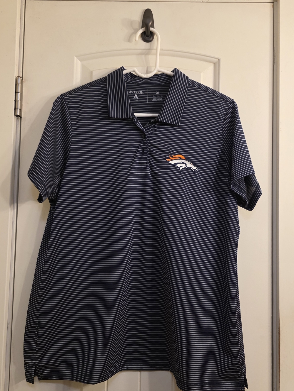Antigua Navy and White Striped Denver Broncos Polo Womens XL